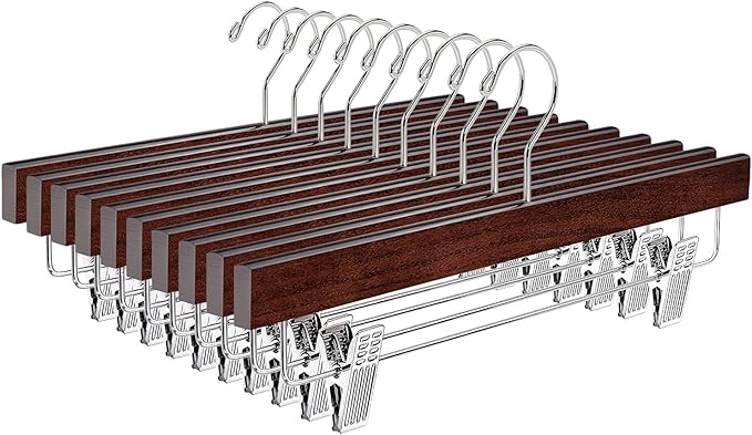 Amber Home Retro Wooden Pants Hangers with 2-Adjustable Clips, Walnut Wood Skirt & Trouser Hangers for Jeans, Slacks, Shorts (Vintage, 10 Pack)
