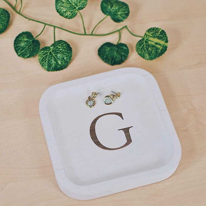 I'm Wooden Personalized Letter Catchall Valet Tray Trinket Dish Jewelry Tray Key Bowl Decorative Plate Organizing Ring Earrings Necklaces Bracelet Watch Coins Wallet Holder (6"x6" Sq White G)