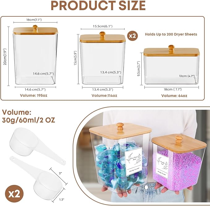 4 Pack Clear Laundry Pods Container & Dryer Sheet Holder, Plastic Square Laundry Room Organization and Storage Jars with Lids, Scoops & Labels for Detergent, Powder, Dryer Balls, Beads