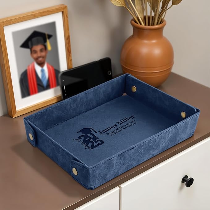 Engraved PU Leather Valet Tray – Personalized Catchall with Custom Name for Desk, Dresser, or Nightstand – Compact Organizer for Keys, Wallet, Jewelry – Graduation Gift for Him or Her – Blue