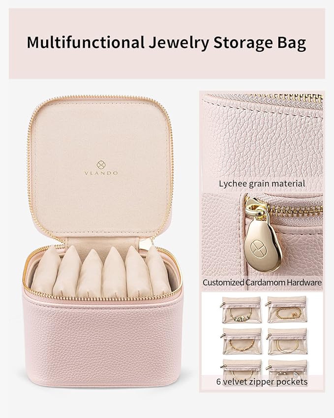 Vlando Jewelry Box with 6 Velvet Jewelry Bags Travel Jewelry Storage Box for Women Girl Jewelry Organizer Necklace Rings Earrings Bags Wedding Gifts Christmas Gifts for Women(Pink)