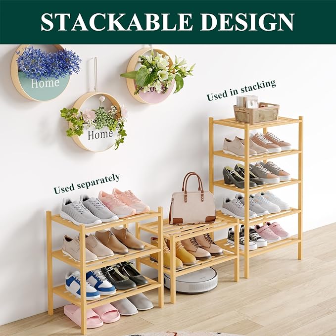 Smiry Small Bamboo Shoe Rack 3-Tier, Stackable Wooden Shoe Organizer for Entryway & Closet, Free Standing Wood Shoe Storage Shelf for Front Door & Small Spaces, Natural