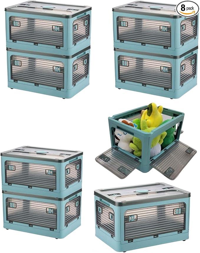 24Quart (8Pack) 15.95x11.42x9.45 ($15 each) Clear Plastic Storage Bins With Lids, collapsible, stackable With Wheels and Four Doors, Closet Pantry Organizer,Clothes Organizer