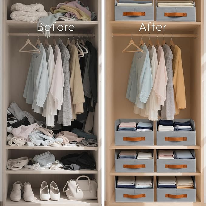 Fabric Storage Bins for Organizing - 12 Pack Large Trapezoid Collapsible Storage Bins with Front Handle, Closet Organizers and Storage for Bedroom, Home Shelves, Small Spaces, Grey