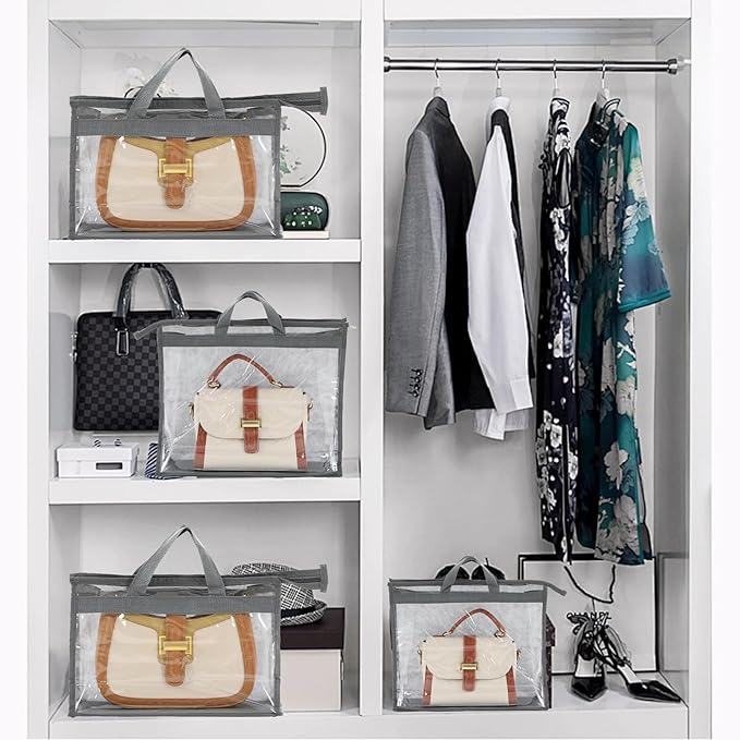 12 Pack Dust Bags for Handbags, Clear Handbag Storage Organizer for Closet, Purse Protector Storage Bag with Zipper and Handle, Hanging Dust Cover Bag for Handbags