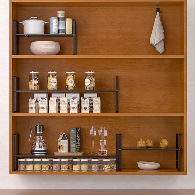 Expandable Kitchen Cabinet Shelf Organizers, Stackable Metal Pantry Storage Shelves Rack, Adjustable Counter Spice Shelf for Cabinets, Countertop, Cupboard Organizers and Storage, Black