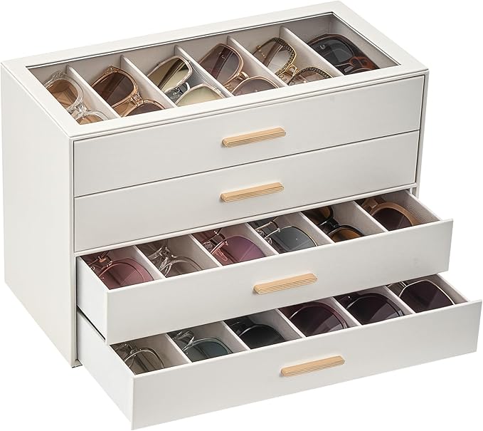 Lolalet Beige Sunglasses Storage Box for Women, Eyewear Eye Glass Organizer with Clear Top Lid Display Holder Case