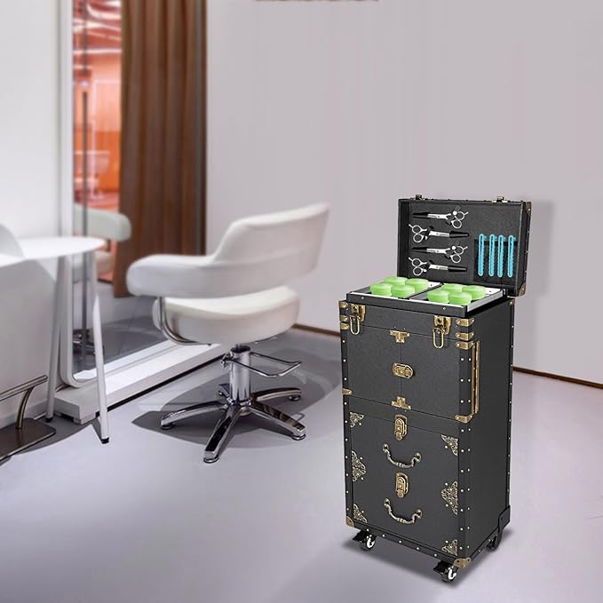 Rolling Makeup Train Case, Hairdressing Trolley Stylist Beauty Salon Cosmetic Luggage, Travel Organizer Tool Box with Hair Dryer Holder, Lockable Travel Makeup Trolley (Style 4)