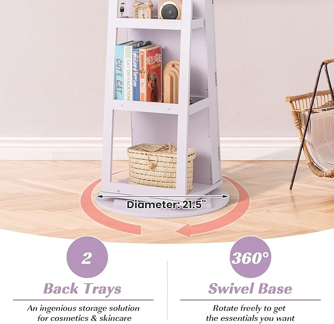 GOFLAME 360° Rotating Jewelry Cabinet with Full-Length Mirror, Freestanding Jewelry Armoire with 3-Color LED Light and Back Storage Shelf, Lockable Jewelry Organizer for Bedroom Cloakroom, Lavender