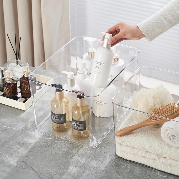 2Extra Large Lidded Plastic container , Clear Stackable Storage Boxes for Cabinets, Organization and Storage for Shelves Office Bathroom (2Extra Large)