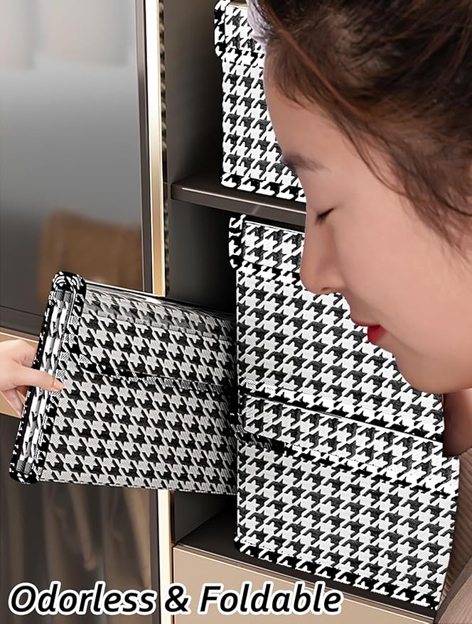MURRI&MURRDI Socks and Underwear Storage Box for Closet with Lids, Foldable Closet Drawer Organizer 30 Cells Drawer Divider 2 Packs, Foldable Linen Storage Bin for Ties Scarves (2 Houndstooth)
