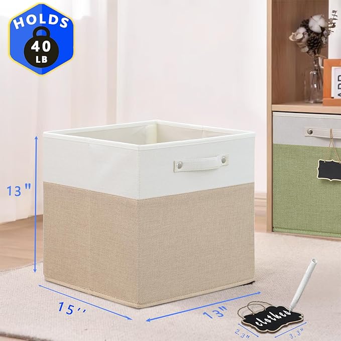Storage Cubes,13x15x13 storage cube bins Set of 4,Foldable Fabric Storage Cubes with Labels,Linen Cube Storage Organizer Bins Kallax Storage Cubes for Organizing Shelves Cabinet(White Khaki).