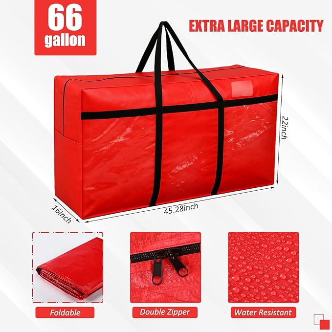 6 Pcs 66 Gallon Large Moving Bags with Zipper and Handles Christmas Tree Bags Foldable Heavy Duty XXL Totes for Christmas 4, 5, 7.5, 9, 10, 12 ft Tree Skeleton Blankets Storage (Red)