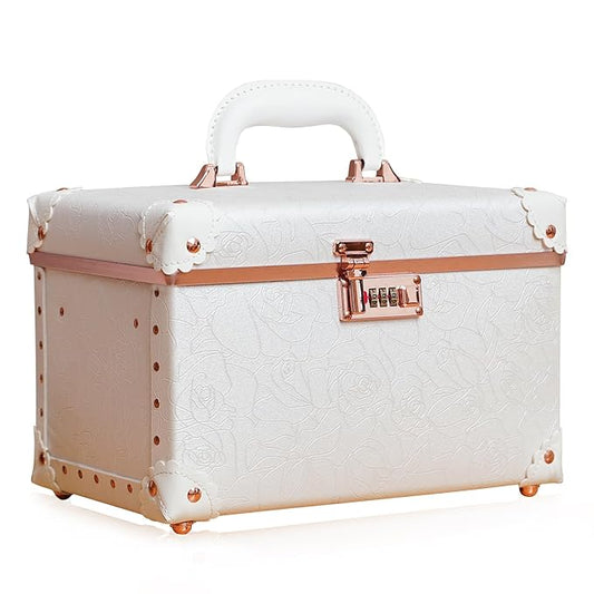 urecity Vintage Makeup Train Case with Rose Gold Hardware, White Embossed Pattern, Combination Lock Security, Portable Cosmetic Storage Box with Handle