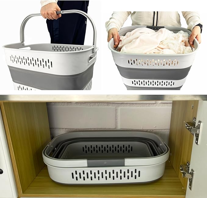 SAMMART 40L (10.5 Gallon) Collapsible Plastic Laundry Basket - Foldable Pop-Up Storage Container/Organizer – Portable Space Saving Laundry Hamper (1, Grey)