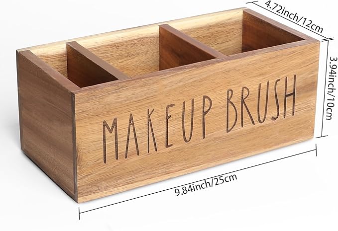 Acacia Wood Makeup Brush Organizer for Vanity,Cosmetic Skincare Organizers, Makeup Organizer with 3 Slots,Organizer Countertop for Cosmetics,Skincare, Brushes, Mascara,Lipstick,Pencils, Brown