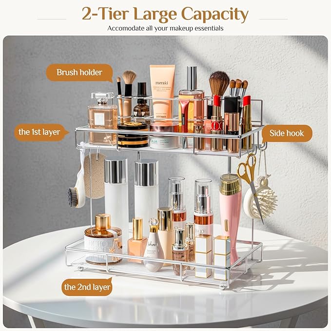 2 Tier Chrome Bathroom Organizer Countertop, Small Countertop Organizer for Bathroom Decor, Kitchen Counter Shelf for Spice Rack and Snack, Vanity Makeup Organizers Tray for Bedroom (Chrome)