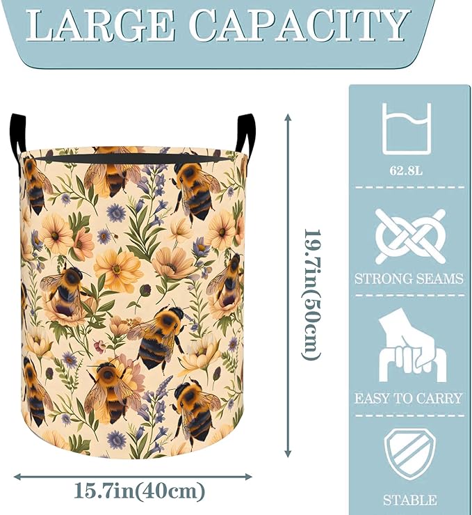 Bee Floral with Daisy Laundry Basket, Dirty Collapsible Clothes Toy Organizer Hamper for Kids Adults, Oxford Cloth Waterproof Storage Bin for Bedroom Bathroom Home Decor Gifts, 19.7"X15.7"
