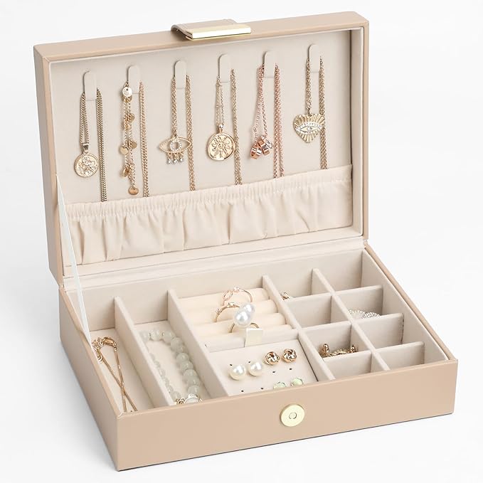 Tangle-Free Jewelry Organizer Single Layer Case with Secure Leather Strap for Necklaces, Rings, Earrings, Elegant Travel & Home Storage Apricot