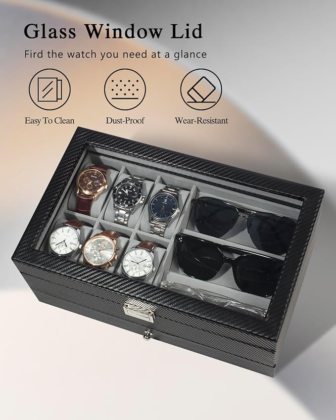GUKA Watch box, 6 Slot Watch Case, 3 Slot Sunglass Organizer, Watch Cases for men with Real Glass Lid, Watch Organizer storage with Jewelry Case, Birthday for Men and Women,