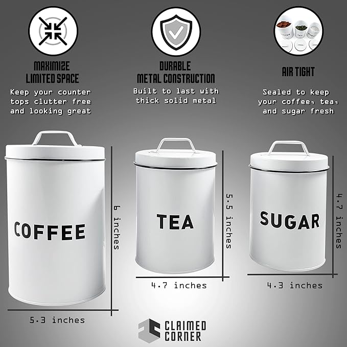 Claimed Corner Metal Storage Canisters and Containers for Home and Kitchen Organization, Function, and Decor (Canister Set)