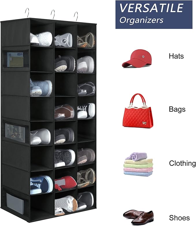 coastal rose Hanging Shoe Organizer for Closet, 24 Sections Shoe Holder Hanger Rack, Space-Saving Shoe Organizers and Storage, Black