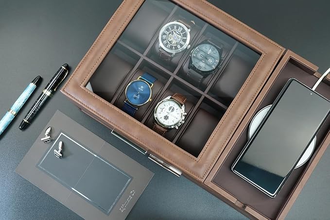 Men's Jewelry Box Organizer with Charging Station & Drawer - Premium Valet Tray for Watch, Phone, Wallet Storage - Brown