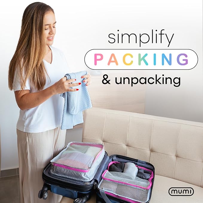 MUMI Packing Cubes - 5 Compression Packing Cubes for Travel, Luggage Organizer Bags for Suitcases, Carry-On, Duffle or Backpack – Mesh, Waterproof Bags for Clothes, Kids & Travel Accessories - Black