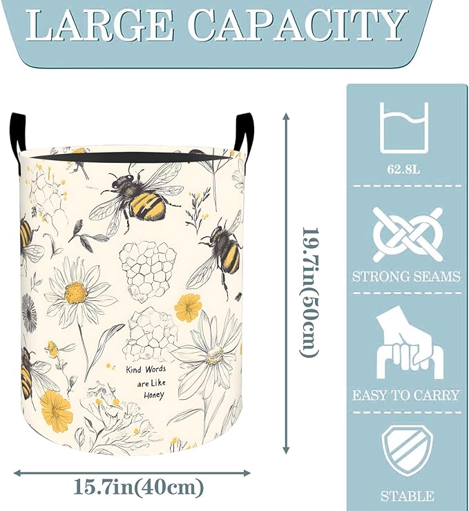Bee Daisy Floral with Honeycomb Laundry Basket, Dirty Collapsible Clothes Toy Organizer Hamper for Kids Adults, Oxford Cloth Waterproof Storage Bin for Bedroom Bathroom Decor Gifts, 19.7"X15.7"