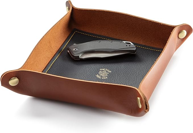 USA Handmade Premium Leather Valet Tray, Folds Flat! Dice Rolling Basket and Organizer with Brass Snaps (Chestnut and Blue Gold, Large)