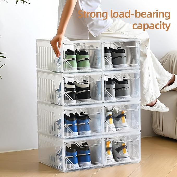Foldable Shoe Organizer,Shoe Storage Organizer,10 Pack Shoe Box Clear Plastic Stackable,Drop Front Shoe Box with magnetic Door, Containers For Sneaker,Fit up to US Size 15 (X-Large 6pack)