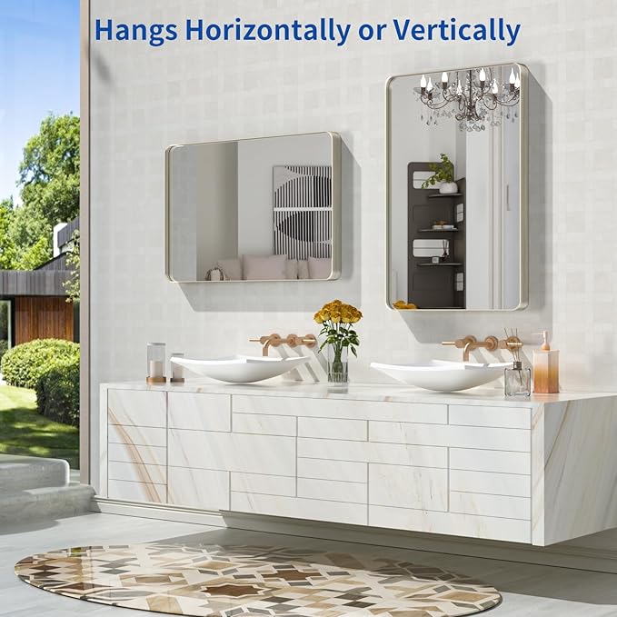 WEER 20X30 Inch Brushed Nickel Bathroom Mirror, Brushed Silver Metal Frame Mirror, Rounded Rectangle Silver Bathroom Vanity Mirror, Tempered Glass, Anti-Rust, Hangs Horizontally or Vertically