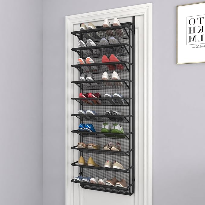 10 Tier Shoe Rack Over The Door Shoe Organizer Hanging Shoe Storage with Key Holder for Closet Pantry Wall Floating Shelves (10 Tier, Matte Black)