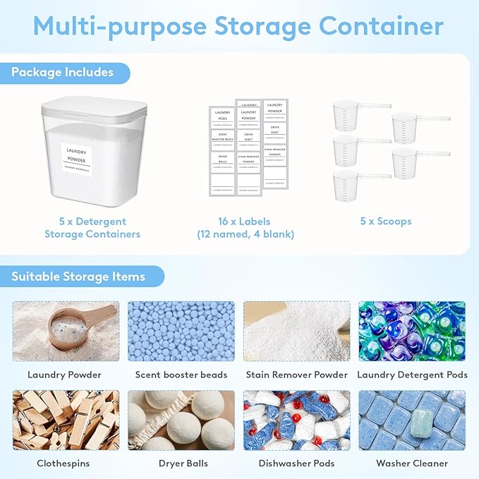 Lifewit Laundry Pods Container with Pop-up Lid, Detergent Dispenser, Dryer Sheet Holder, Laundry Room Organization Storage Jars for Washing Powder, Soap, Scent Booster Beads,0.72gal, 5 Pcs