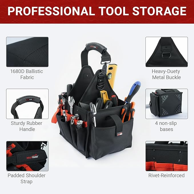 MELOTOUGH Electrical and Maintenance Tool Carrier 24-Pocket Large Electrician Tool Pouch Bag Open Top Tools Tote Bag with ‌Waterproof Base & Dual Carry Handle‌ for Gardeners/Technician