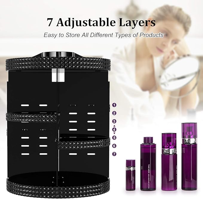 Awenia Makeup Organizer 360-Degree Rotating, Adjustable Makeup Storage, 7 Layers Large Capacity Cosmetic Storage Unit, Fits Different Types of Cosmetics and Accessories, Plus Size with Makeup Bag