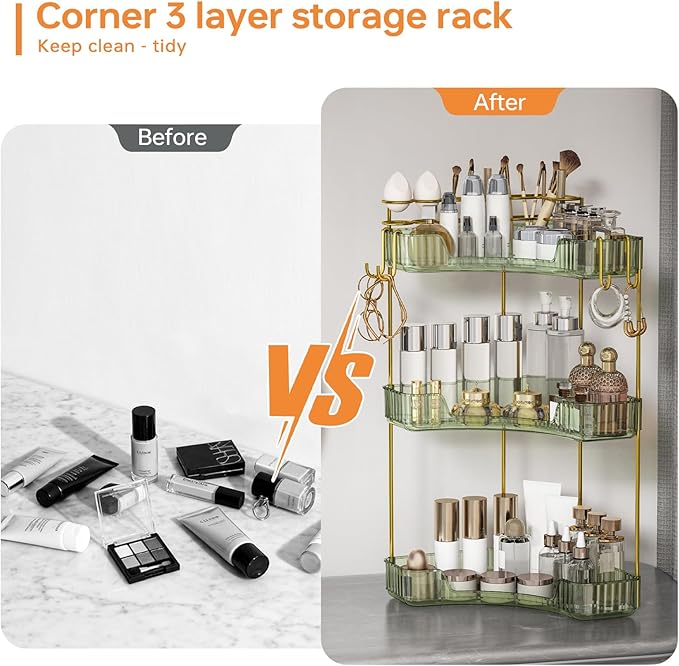 3-Tier Corner Bathroom Counter Organizer，Makeup & Skincare Shelf with Built-in Brush Holder，Space-Saving Bathroom Countertop Organizer for Skincare, Perfume, Cosmetics(Green)