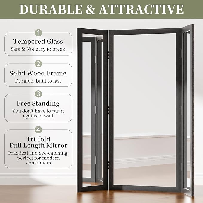 3 Way Mirror Full Length with Tempered Glass, 71"x67" Oversized Bridal Triple-Fold Floor Mirror with Wood Frame, Decorative Trifold Mirror for Home,Wedding Dress/Clothing Shop/Bedroom/Closet (Black)
