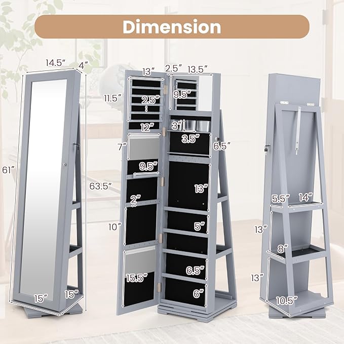 360° Swivel LED Mirror Jewelry Cabinet with Full Length Mirror, Lockable Floor Standing Mirrored Jewelry Armoire Organizer w/Inside Makeup Mirror & Back Storage Shelves, Space-Saving (Gray)