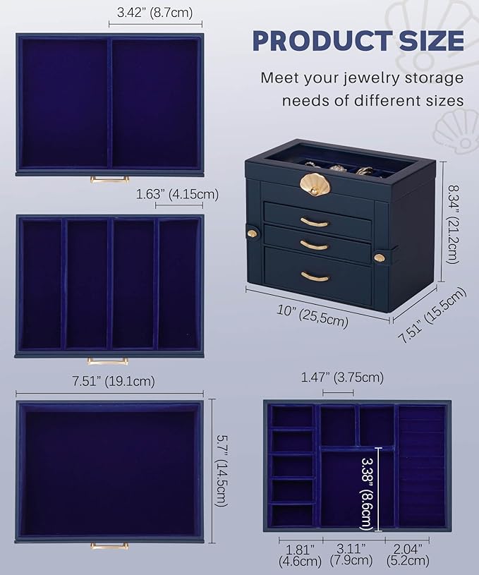Jewelry Box with 3 Drawers: Display Organizer for Earrings Necklaces - Gifts for Girls Women (Dark Blue)