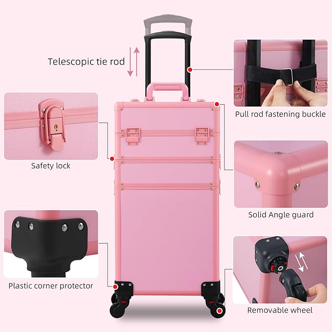 Makeup Train Case, Rolling Makeup Case, 3 in 1 Cosmetology Case on Wheels, Christmas Gift, Large Makeup Case Organizers, Profesional Cosmetic Case for Salon Barber, Pink