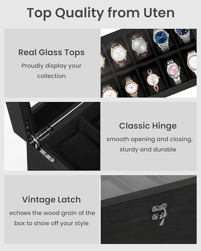 Uten 10-Slot Watch Box, 2-Layers Solid Wood Watch Display Case with Glass Lid, Watch Holder Organizer with Soft Pillow and Velvet Lining, Watch and Jewelry Storage Box, Black