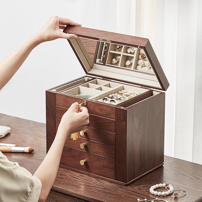 Black Walnut Wooden Jewelry Box, Wood Jewelry Organizer with 2 Side Doors Mirror Lockable Classical Style for Watch Necklace Ring Earring Storage Valentines Day Gifts for Her-5 Layer