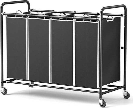 ROMOON Laundry Hamper Sorter Cart: 4-Section Organizer with Heavy-Duty Lockable Wheels and Removable Bags | 172L Rolling Laundry Basket for Dirty Clothes in Laundry Room or Small Spaces (Black)