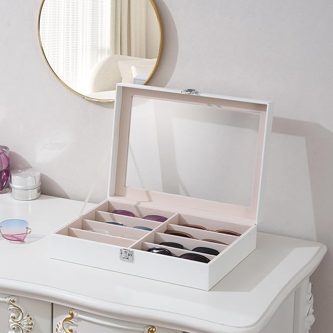 ProCase 8 Slots Sunglasses Organizer, 1 Layer Sunglass Case, Leather Eyeglass Cases for Display and Storage -White