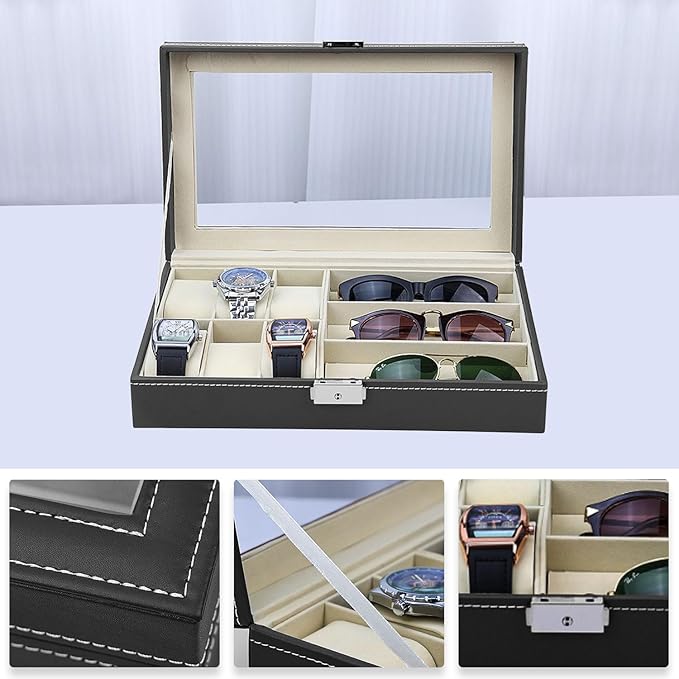 Travel Watch Case, Leather Sunglasses Eyewear Storage Organizer Glasses Holder, Jewelry Box for Watch Band Sunglasses Display