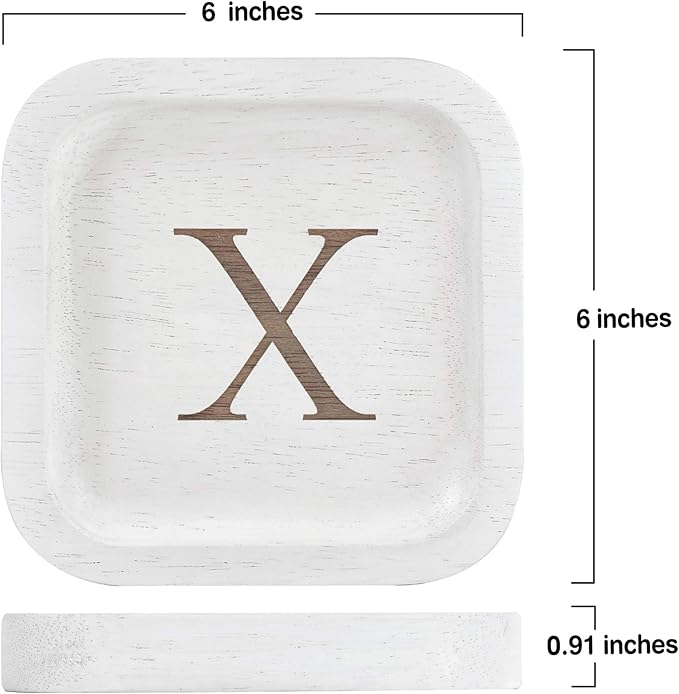 I'm Wooden Personalized Letter Catchall Valet Tray Trinket Dish Jewelry Tray Key Bowl Decorative Plate Organizing Ring Earrings Necklaces Bracelet Watch Coins Wallet Holder (6"x6" Sq White X)