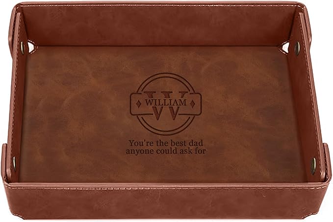 Engraved Father’s Day Leather Valet Tray – Personalized Light Coffee Catchall with Custom Name – Men’s Desk Organizer for Keys, Wallet, Watches, and Jewelry – Unique Gift from Daughter or Son
