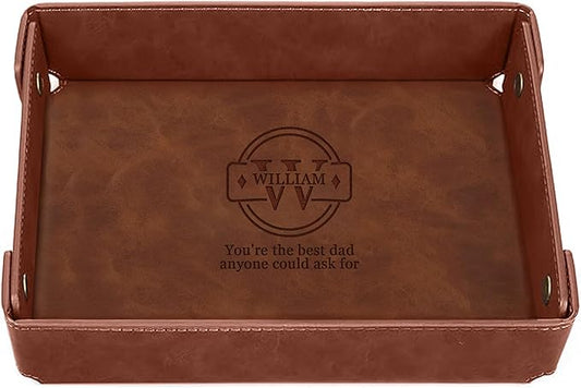 Engraved Father’s Day Leather Valet Tray – Personalized Light Coffee Catchall with Custom Name – Men’s Desk Organizer for Keys, Wallet, Watches, and Jewelry – Unique Gift from Daughter or Son