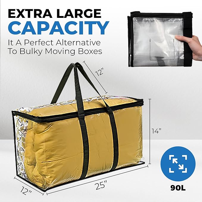 2 Pack Clear Large Moving Bags, Heavy Duty Storage Bags, College Totes, Storage Bins, for Organizing Blankets, Clothing for College, Dorm, Packing, Durable with Zipper and Handle 25x14x12